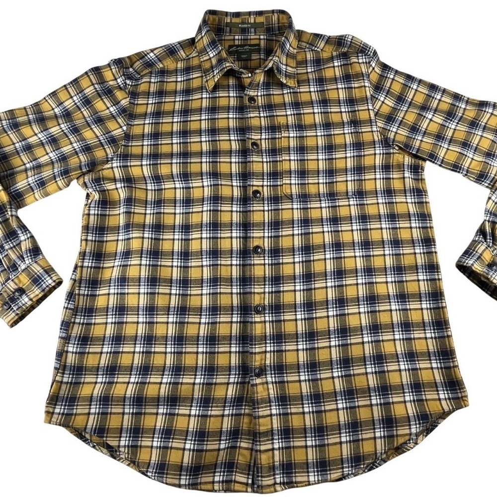 Eddie‎ Bauer Mens Large Flannel Shirt Yellow Navy Blue Plaid Relaxed Fit HOL11